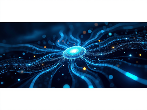 Modern AI technology concept with neural networks, blue and white color scheme, digital interface elements